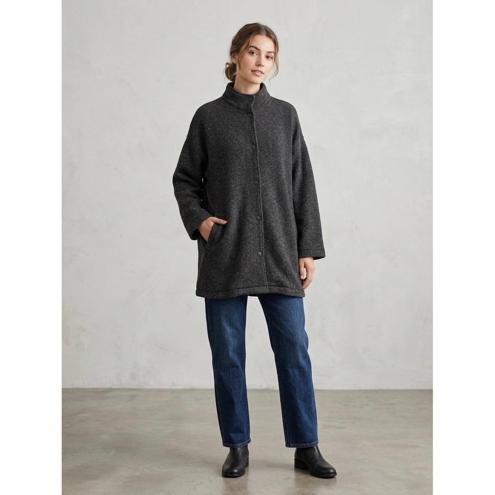 Eileen Fisher Organic Cotton Knit Snap Front Mock Neck Coat Charcoal Grey M